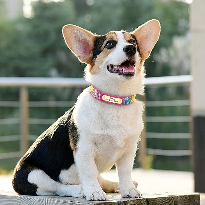 Custom Crystal Dog Collar Soft Leather Pet ID Collar Personalized Rhinestone Collars Adjustable for Small Medium Large Dogs Cat Pink M