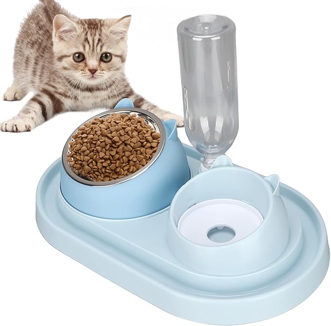 Double Dog Cat Bowls, Raised Pets Food and Water Bowl Set with Automatic Water Dispenser Bottle, Detachable Stainless Steel Bowl Pet Feeder for Small Medium Dogs and Cats Puppy