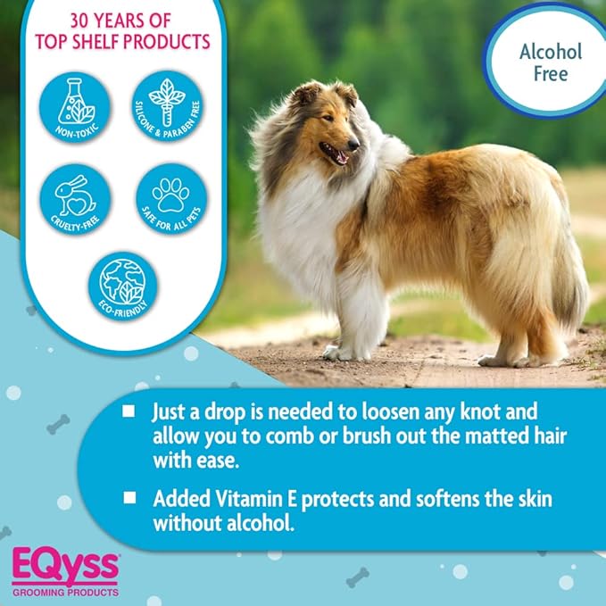 EQyss Survivor Pet Detangler - Smooths Out Knots, Tangles, & Mats - Great for Longhair Breeds, Tails, Feathers - Adds Shine, No Sticky Residue (4 oz)..