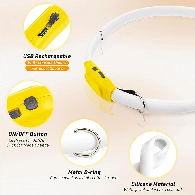 LED Dog Collar with 12 Lighting Modes-Rechargeable Dog Light Glow in The Dark for Night Walking, Adjustable Light Up Dog Collar for Small/Medium/Large Dogs, 1-H Charge & 12H Runtime, Yellow