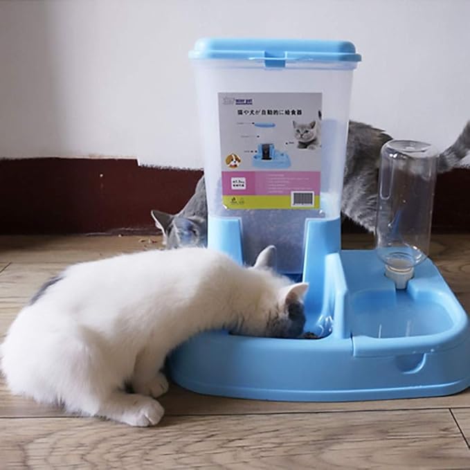 feeders Creative Automatic Pet Feeder Cat and Dog Automatic Feeding Device Drinking Water Feeding Dualuse Automatic Drinking Fountain (Color: Blue)