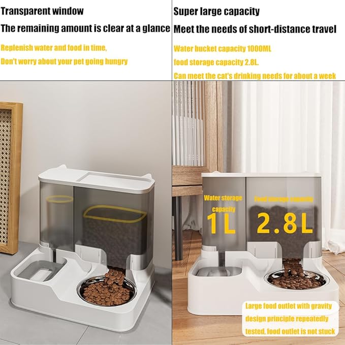 Automatic Pet Feeder for Cats and Small Dogs - 2.8L Gravity Dry Food Dispenser with Stainless Steel Bowl and 1000ml Water Container - Perfect for Puppies, Young Cats and Medium Dogs