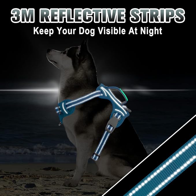 BARKBAY No Pull Dog Harness Large Reflective Dog Harness with Front Clip and Easy Control Handle for Walking Training Running with ID tag Pocket(Blue,L)