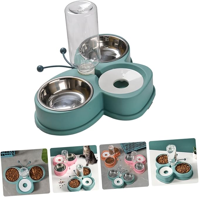 BESPORTBLE Multi-Function Pet Feeder with Automatic Water Dispenser Stainless Steel Bowl Non-Slip Design for Cats and Dogs Convenient Pet Waterer and Food Bowl Combo Green
