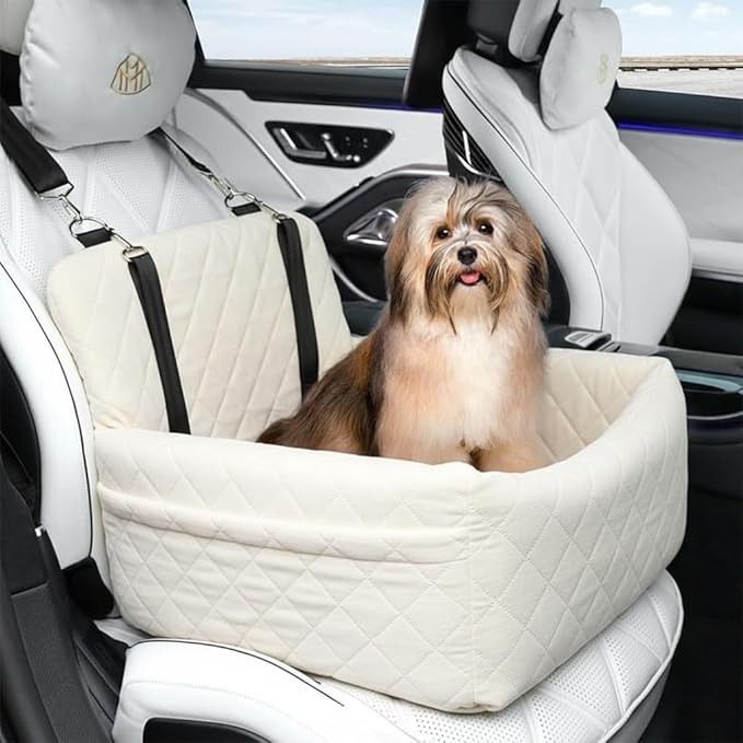 Deluxe Pet Car Seat, Booster Car Seats with Thick Cushionb for Dogs Up to 20 lbs, Detachable Washable Pet Travel Safety Bed with 2 Storage Pockets,and 2 Safety Belts (White)