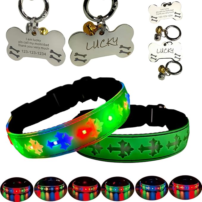 LED Dog Collar with ID Tag Set, Glowing Cross Pattern, Multiple Colors, Silicone Material (Green Pro, S(7.87-11.8"))