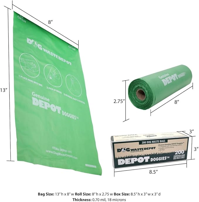 Dog Waste Depot® Depot Doggies™ - Green - Unscented - 65% (PCR) Post Consumer Recycled Dog Waste Roll Bags - 50% thicker than competitor, fits the House dispenser (10 Rolls = 2000 bags)