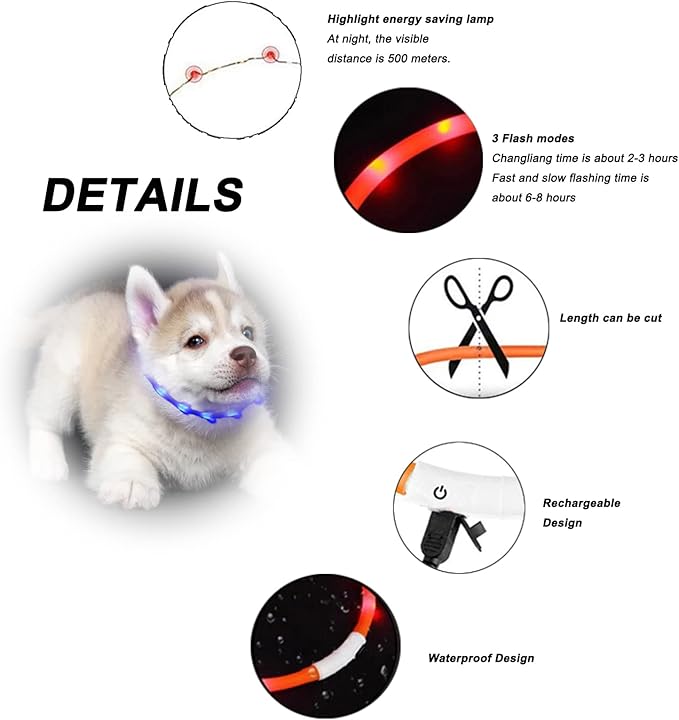 Dog Collars Light Up USB Rechargeable for Night Walking,Durable LED Dog Collar with 3 Modes Switch,Adjustable Lighted Dog Collar for Small Medium Large Dog