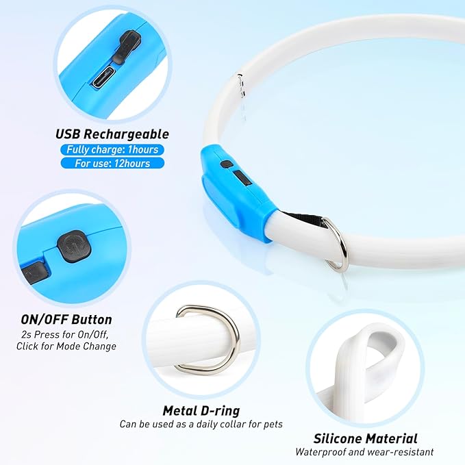 LED Dog Collar with 12 Lighting Modes-Rechargeable Dog Light Glow in The Dark for Night Walking, Adjustable Light Up Dog Collar for Small/Medium/Large Dogs, 1-H Charge & 12H Runtime, Blue