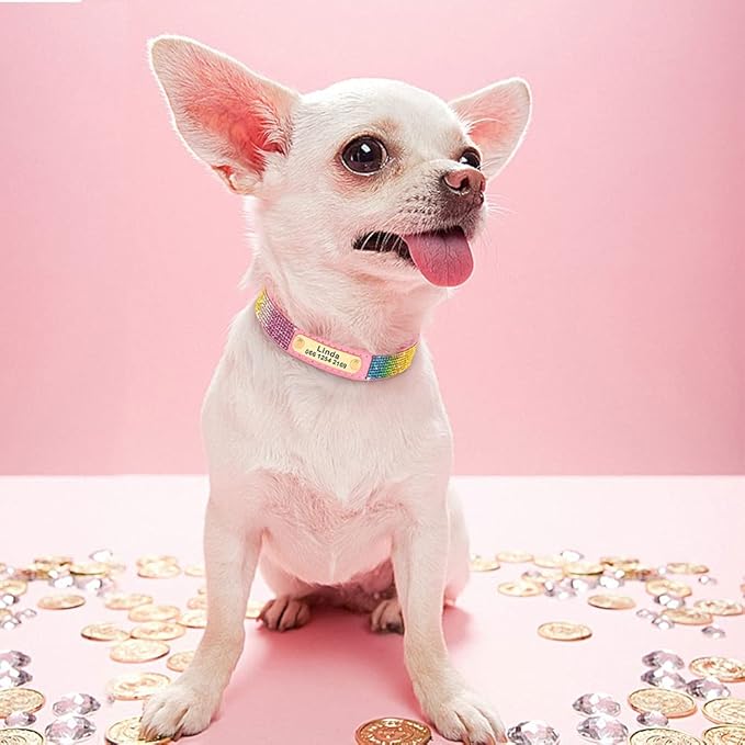 Custom Crystal Dog Collar Soft Leather Pet ID Collar Personalized Rhinestone Collars Adjustable for Small Medium Large Dogs Cat Pink L