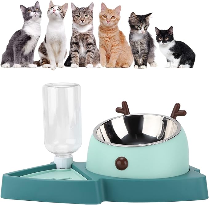 Pet Food Feeder Automatic Water Dispensers Set with Detachable Stainless Steel Bowl Small Medium Pets (Agate Green)
