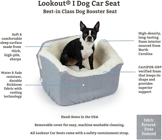 Snoozer Dog Car Seat: Lookout I Dog Booster Car Seat for Pets up to 18lbs, Helps Alleviate Travel Sickness & Fear for Dogs, Removable Washable Cover – Stone Diamond, Size Small