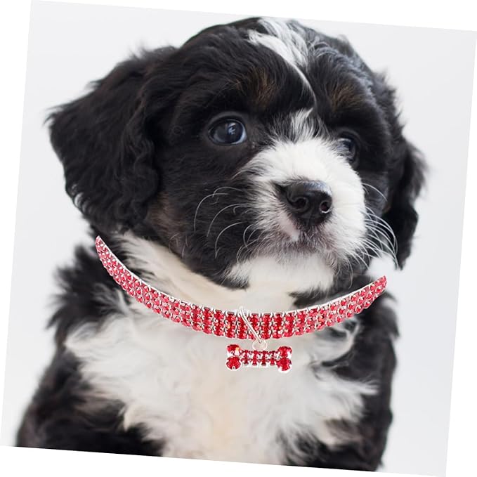 HEMOTON Rhinestone Pet Dog Collar Crystal Bling Adjustable Buckle Crimson Medium Size Luxury Necklace for Small to Medium Dogs