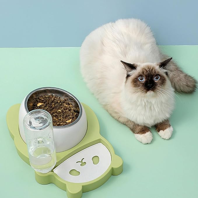 jojofuny Pet Water Feeder and Cat Food Bowl, Multi-Function Stainless Steel Dog Bowl with Neck Protection, Automatic Water Dispenser for Cats and Dogs, Fresh Green, Suitable for Home