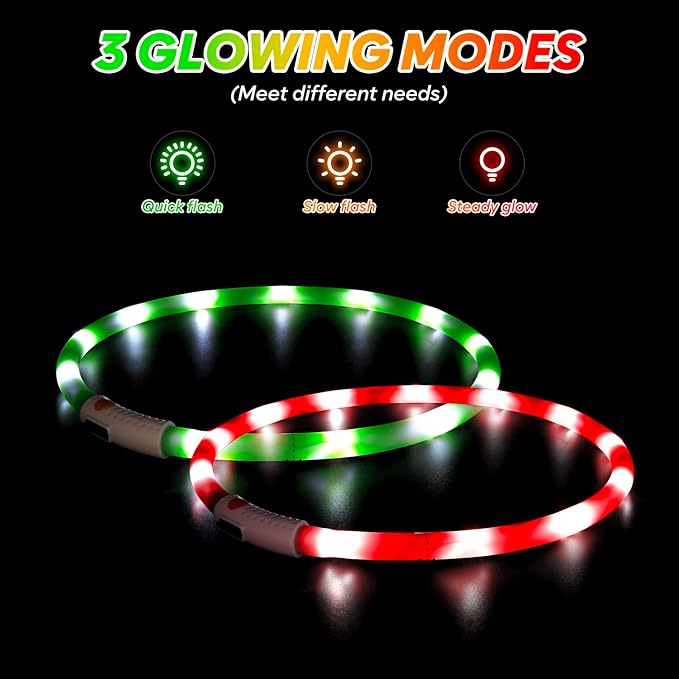 BSEEN Light Up Dog Collar - 2 Pack LED Dog Collar Rechargeable, Silicone Cuttable Glow in The Dark Dog Collar Light, Flashing Safety Dog Lights for Night Walking (Red+Green)