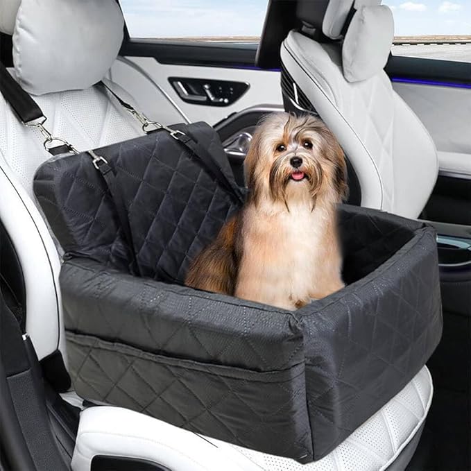 Dog Booster Car Seat for Small Medium Dogs, Memory Foam Elevated Pet Car Seat with 2 Safety Leashes, Fully Detachable Washable Cover & Anti-Slip Bottom(Black Grey)