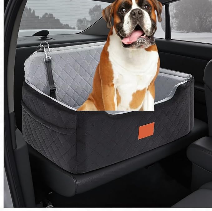 Quilted Car Dog Booster Seat, Black and Gray, Double Pet Car Seat with Safety Straps, Washable Travel Carrier. (Black Gray)