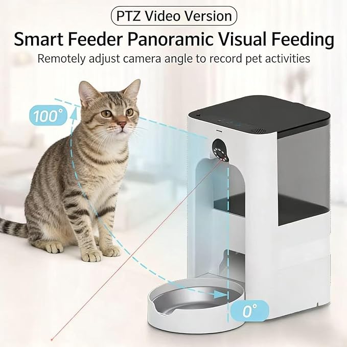 Automatic Cat Feeder with Camera, 5L Large-Capacity Pet Feeder, HD Video & Night Vision, Two-Way Audio, Laser Play, Scheduled Portion Control, Dual-Band WiFi, Battery & Plug-in Power