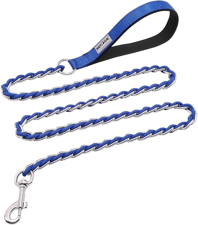 Dog Leash Chew Proof, Chain Leash Anti Chew Dog Leash for Large Dogs Heavy Duty, Indestructible Metal Leash Anti Bite Chain Link with Woven Cord Soft Padded Handle (Blue, 5FT)