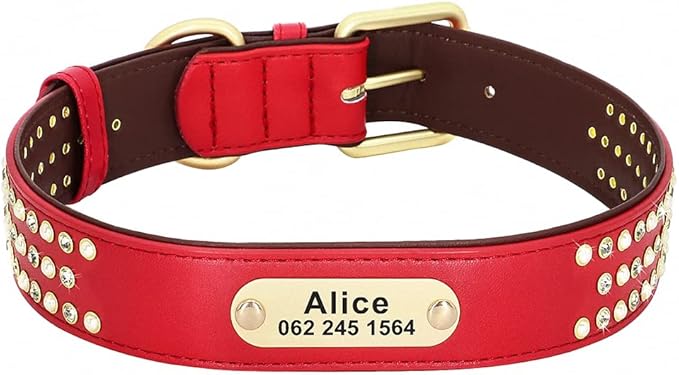 Rhinestone Custom Dog Collars Leather Personalized Crystal Pet Collar Padded Collars Adjustable for Small Medium Large Dogs Red XXL