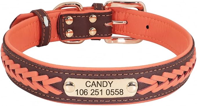Personalized Braided Dog Collar Custom PU Leather Dog Collars Padded Pet ID Collar for Small Medium Large Dogs Pitbull Bulldog Orange M