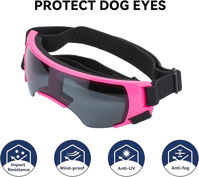 PETLESO Small Dog Goggles, Anti-UV Dog Sunglasses for Outdoor Driving Cycling Riding Hiking, Windproof Dustproof Snowproof Eye Protection, Pet Eye Wear with Adjustable Strap, Pink