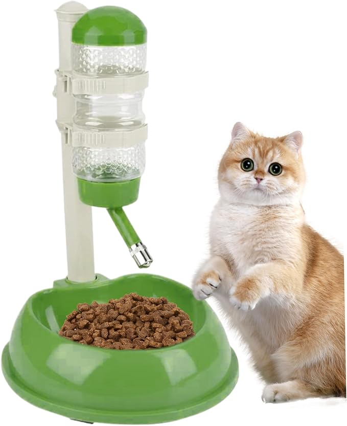Dog Water Bottle Dispenser and Food Bowl, No-Drip Automatic Dog Water Bowl Dispenser with Adjustable Stand, Detachable Pet for and Cat, Green