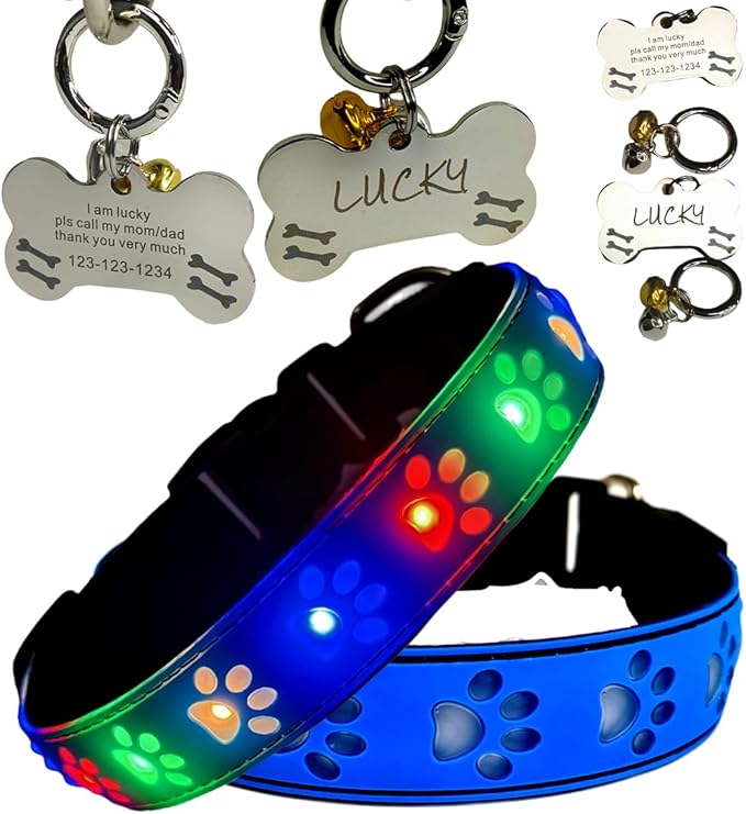 LED Dog Collar with Paw Print Design, 15 Light Modes, Waterproof, Includes Bone-Shaped Name Tag, Multiple Colors (Blue Pro, XL(19.7-23.6"))