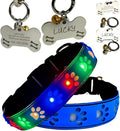 LED Dog Collar with Paw Print Design, 15 Light Modes, Waterproof, Includes Bone-Shaped Name Tag, Multiple Colors (Blue Pro, XL(19.7-23.6"))