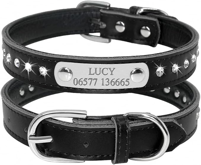 Custom Leather Dog Collars Adjustable Padded Rhinestone Personalized Dogs ID Collar Free Engraving for Small Medium Dogs Cats Black XS