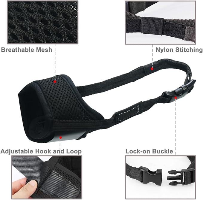 LUCKYPAW Dog Muzzle Anti Biting Barking and Chewing with Comfortable Mesh Soft Fabric and Adjustable Strap, Suitable for Small, Medium and Large Dogs(Black,L)