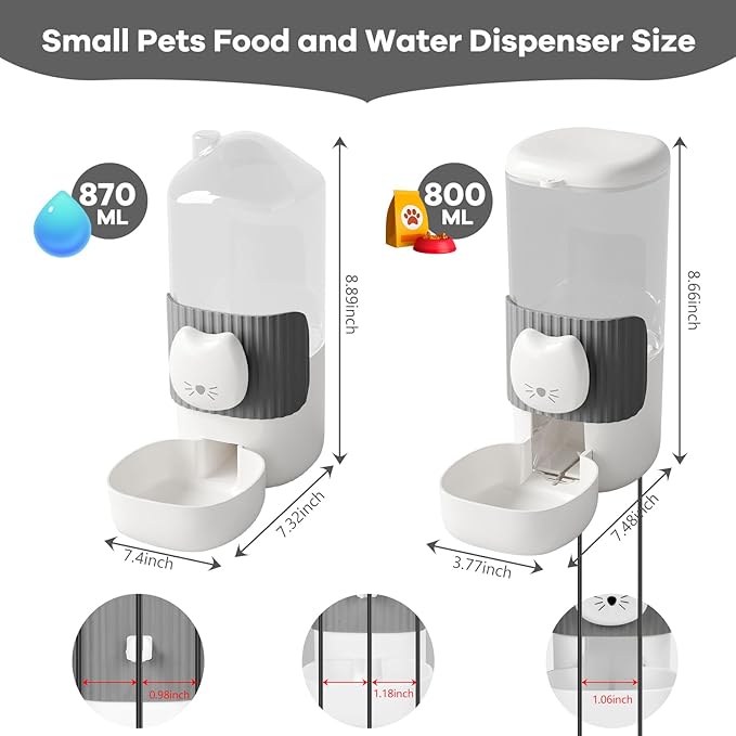 Yummy Sam Hanging Automatic Small Pet Food Water Dispenser, Auto Gravity 0.8L Cat Feeder and 0.87L Water Dispenser, Self-Feeding and Waterer Set Kennel Feeding Station for Puppy Cats (Grey White)