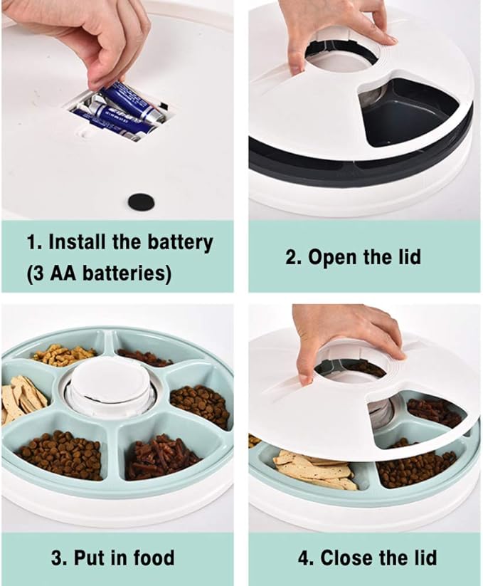 Pet Automatic Feeder Cats Dogs,Timed Feed 6 Meal Trays Dry Wet Food Dispenser with Voice Remind,LCD Smart Programmable Self Feeder,Dishwasher Safe,Green