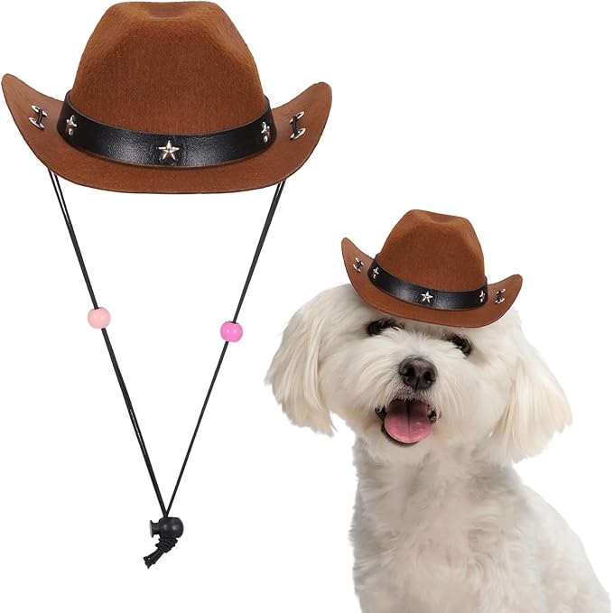 Dog Cowboy Hat, Mini Cowboy Hat for Pet with Chin Strap Adjustable Cosplay Cap Star Decor, (Brown, L), Intended for Dogs and Cats/Halloween Costume/Party Decoration