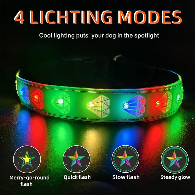LED Dog Collar with Diamond Pattern, 15 Light Modes, with Bonus Pet ID Tag and Bell (Green Pro, XL(19.7-23.6"))
