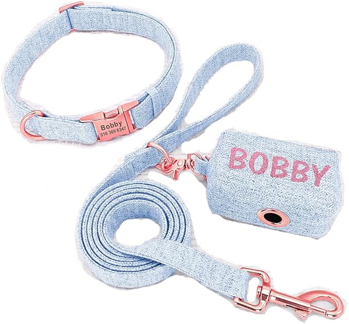 Personalized Dog Collar with Leash Custom Dog Waste Bag Dispenser Engraved Pet Collar Walk Lead Outdoor Pet Poop Bag Portable Blue L