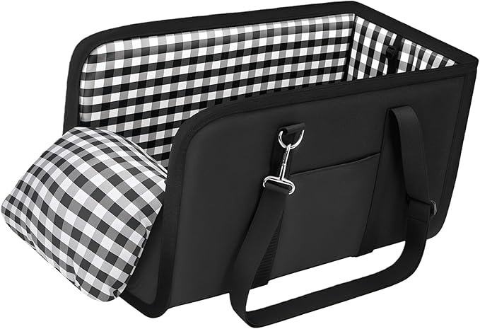 Center Console Dog Car Seat for Small Dogs Up to 11lbs Anti-Collapse Armrest Booster Seat with Headrest Stabilizing Straps Portable Pet Carrier Bag Travel Safety Kennel with Internal Tether (Black)