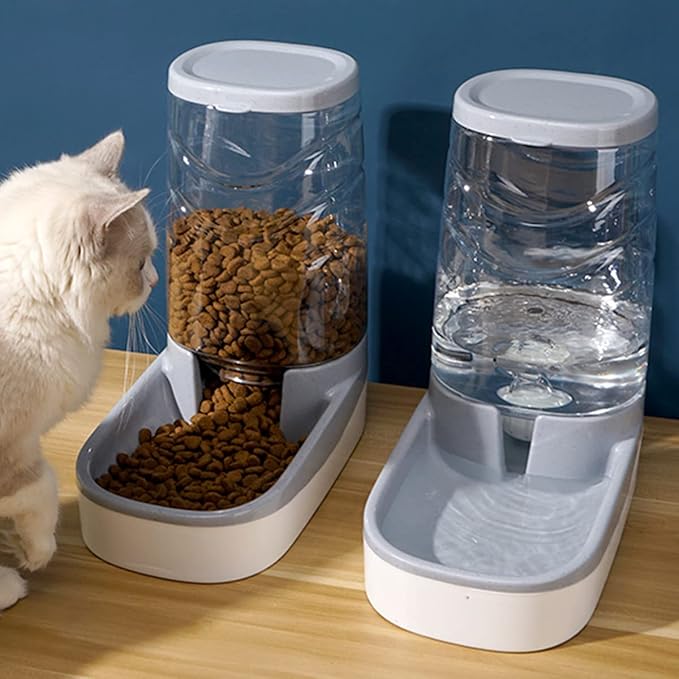 Automatic Cat Feeder Gravity Dog Feeder 1 Gallon Pet Feeder, Self-Dispensing Pet Feeder Bowl for Small and Medium Sized Pets Large Capacity (Grey)