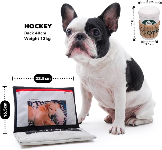 Interactive Dog Toy Set, Squeaky Laptop Computer and Coffee Cup, City Life Theme
