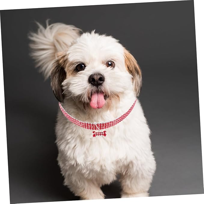 Rhinestone Pet Dog Collar Adjustable Crystal Dog Collar with Mini Bone Pendant Red M Size for Puppy