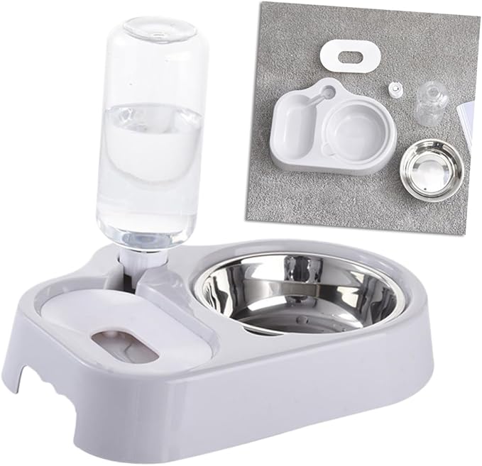 Pet Double Bowl Feeder Automatic Water Food Dish for Cats and Dogs Sturdy Design Grey Non-Skid Base for Feeding Hydration Convenient Pet Supplies
