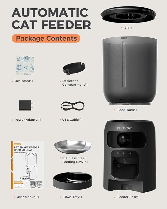 5L Automatic Cat Feeder with Dual 2K HD Camera, 2.4G / 5G WiFi Cat Food Dispenser with Cats Recognition& Diet Tracking, Laser Interactive Toy & Two-Way Audio
