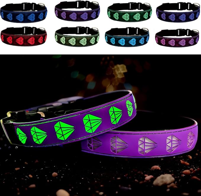 LED Dog Collar with Diamond Pattern, 15 Light Modes, with Bonus Pet ID Tag and Bell (Purple, XL(19.7-23.6"))