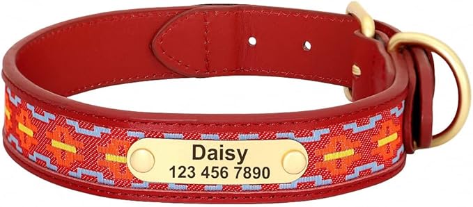 Exotic Custom Dog Collars PU Leather Personalized Pet Name ID Collar Padded Ethnic Collars Adjustable for Small Medium Large Dog Red XL