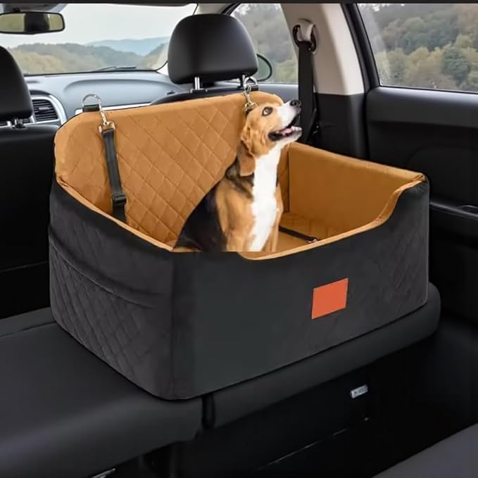 Quilted Pet Car Seat Booster, (Black and Tan) Washable Dog Car Seat with Safety Leash, Elevated Travel Carrier for Small to Medium Dogs
