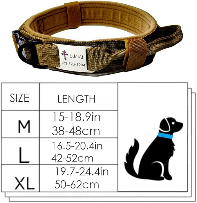 Personalized Tactical Dog Collar with Handle, Military Style, Adjustable (Khaki, M(15-18.9"))