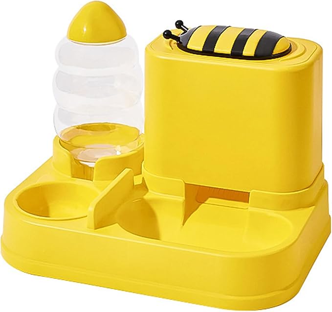 Mangeoirs Et Abreuvoirs Pour Chats, 2 in 1 Bee/Cactus Pets Water and Food Bowl Set, Gamelle Chat, Large Capacity Automatic Cat Feeders Gravity Food Feeder and Waterer Set for Dogs Cats (Yellow)