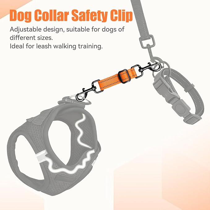 Dog Collar Safety Clip, Adjustable Backup Safety Strap, Double-Ended Leash Connector, High Reflectivity, Suitable for Dog Harnesses to Collar Safety Clips (Orange)