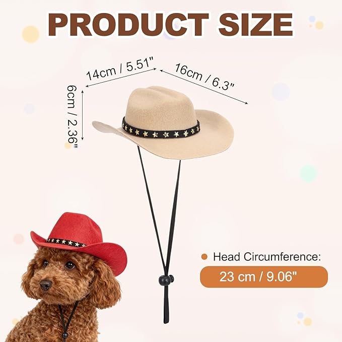 Dog Cowboy Hat, Mini Cowboy Hat for Pet with Chin Strap Adjustable Cosplay Cap, (Khaki, M), Intended for Dogs and Cats/Halloween Costume/Party Decoration