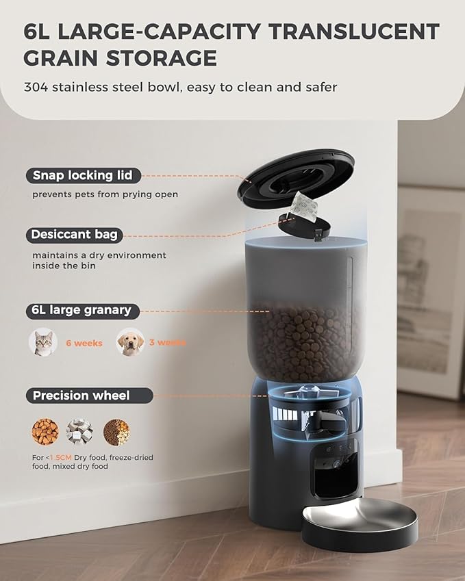 5L Automatic Cat Feeder with Dual 2K HD Camera, 2.4G / 5G WiFi Cat Food Dispenser with Cats Recognition& Diet Tracking, Laser Interactive Toy & Two-Way Audio